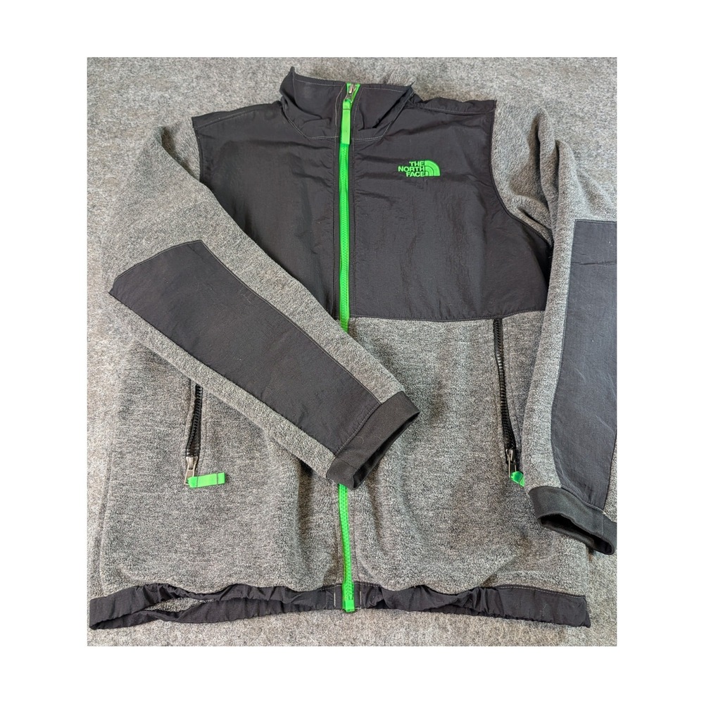 The North Face Boys XL 18/20 Gray Black Fleece Full Zip Jacket Green Trim Denali